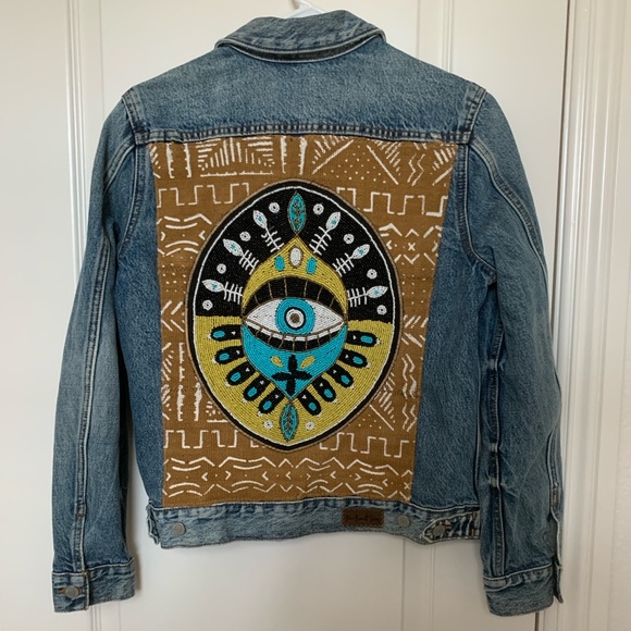 Lucky Brand Jackets & Blazers - Lucky Brand Tomboy Trucker Denim Jacket Boho Mud Cloth Evil Eye M